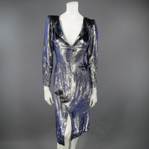 JEAN-LOUIS SCHERRER 2 Silver & Navy Metallic Velvet Long Sleeve Sheath Dress - Picture 1 of 14